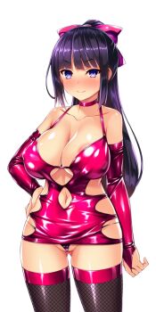 1girl areola_slip bare_shoulders black_hair black_panties black_thighhighs blunt_bangs blush bodycon bow breasts bridal_gauntlets choker cleavage closed_mouth clothing_cutout collarbone cowboy_shot dress elbow_gloves fishnet_thighhighs fishnets g-string game_cg gloves gluteal_fold hair_bow hand_on_own_hip highleg highleg_panties kisaragi_nozomi large_breasts large_variant_set latex long_hair looking_at_viewer micro_panties microdress navel navel_cutout non-web_source nose_blush official_art panties pink_bow pink_choker pink_dress ponytail purple_eyes purple_hair red_dress revealing_clothes satou_kuuki shinsou_seiki_elementia shiny_clothes shiny_skin short_dress sidelocks skin_tight sleeveless sleeveless_dress smile solo standing string_panties thighhighs thong transparent_background underwear variant_set