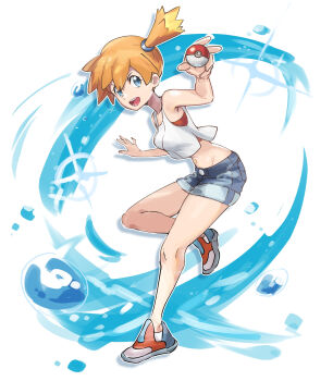 1girl :d bare_arms blue_eyes blue_shorts breasts crop_top denim denim_shorts full_body groin gym_leader hair_between_eyes hair_tie holding holding_poke_ball knees leg_up looking_at_viewer midriff misty_(pokemon) navel nintendo open_mouth orange_hair poke_ball poke_ball_(basic) pokemon pokemon_(anime) pokemon_(classic_anime) pokemon_lgpe pokemon_rgby ponytail shirt shoes short_hair short_shorts shorts side_ponytail sleeveless sleeveless_shirt smile sneakers solo standing standing_on_one_leg tank_top teeth water white_background white_shirt