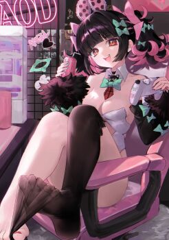 1girl absurdres alternate_costume animal_ear_hairband animal_ears bare_shoulders black_hair black_sleeves black_thighhighs bow breasts can chair cleavage collarbone colored_inner_hair commentary controller detached_collar drink drinking_straw energy_drink fake_animal_ears feet fingernails fur-trimmed_sleeves fur_trim game_controller green_bow hair_bow hairband highres holding holding_can holding_controller holding_game_controller indoors knees_up leotard looking_at_viewer malsuk medium_breasts monster_energy multicolored_hair on_chair open_mouth pink_hair rabbit_ear_hairband rabbit_ears red_eyes rokudu_sariel short_twintails single_bare_foot single_thighhigh sitting solo strapless strapless_leotard thighhighs thighhighs_pull toes too_many_bows twintails white_leotard zenless_zone_zero