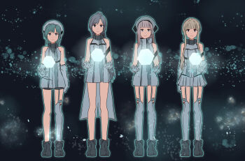 4girls arched_bangs black_background black_boots black_hair boots brown_hair commentary d4dj dress food_on_body fukushima_noa full_body garter_straps gloves green_eyes green_hair grey_eyes grey_hair grey_thighhighs hanamaki_towa highres izumo_saki long_hair long_sidelocks looking_at_viewer medium_hair multiple_girls niijima_ibuki photon_maiden ponytail short_dress short_hair_with_long_locks sidelocks single_thighhigh sleeveless sleeveless_dress thighhighs very_long_sidelocks white_dress white_gloves white_thighhighs yukitake_(bullfalk)