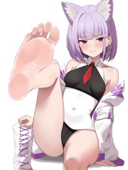 1girl absurdres animal_ears barefoot blush boots clenched_teeth feet highres linji_(hrodvitnir) looking_at_viewer medium_hair original pharamacom purple_eyes purple_hair shoes single_shoe soles teeth toes unworn_boots unworn_shoes