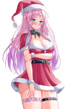 1girl :t absurdres blue_eyes blush bow bowtie breasts capelet citlali_(genshin_impact) cleavage closed_mouth disembodied_hand dokimaru dress fur-trimmed_capelet fur-trimmed_dress fur-trimmed_headwear fur_trim genshin_impact green_bow green_bowtie hand_on_own_arm hat highres large_breasts looking_at_viewer red_capelet red_dress red_hat santa_hat simple_background solo textless_version thigh_strap white_background