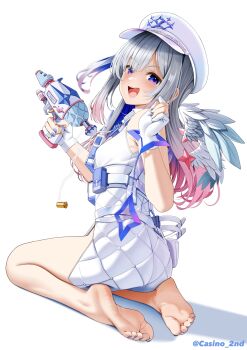 1girl :d amane_kanata amane_kanata_(heavenly_guard_mission) angel_wings barefoot belt_pouch blue_hair blue_nails blue_wings casino_(casinoep) collared_dress colored_inner_hair commentary_request double-parted_bangs dress feathered_wings feet full_body gloves gradient_wings grey_hair gun hair_over_one_eye hat highres holding holding_gun holding_weapon hololive long_hair looking_at_viewer mini_wings multicolored_hair multicolored_wings nail_polish official_alternate_costume official_alternate_hairstyle one_side_up open_mouth paid_reward_available partially_fingerless_gloves peaked_cap pink_hair pouch purple_eyes quilted_clothes shell_casing short_dress side_slit sidelocks simple_background sitting sleeveless sleeveless_dress smile soles solo toenail_polish toenails toes virtual_youtuber walkie-talkie weapon white_background white_dress white_gloves white_hat white_wings wings