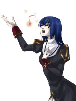 1girl arm_up black_dress blue_hair closed_eyes commentary_request cowboy_shot dress garter_straps juliet_sleeves long_hair long_sleeves music musical_note open_mouth priest_(ragnarok_online) puffy_sleeves ragnarok_online simple_background singing solo toriria white_background