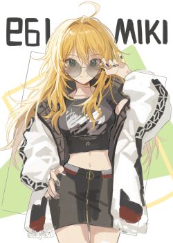 1girl absurdres adjusting_eyewear ahoge black_nails black_shirt black_skirt blonde_hair character_name cowboy_shot fingernails green_eyes grin hair_between_eyes hand_on_own_hip hano9789 highres hoshii_miki idolmaster idolmaster_(classic) jacket long_hair long_sleeves looking_at_viewer midriff nail_polish navel open_clothes open_jacket round_eyewear shirt skirt smile solo standing
