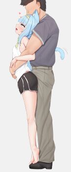 1boy 1girl absurdres animal_ears aqua_hair bare_legs barefoot black_shorts breasts cat_ears cat_girl cat_tail faceless faceless_male from_side full_body green_eyes grey_shirt hairband height_difference highres hug hug_from_behind jelly_hoshiumi long_hair open_mouth pants phase_connect profile shirt shorts sleepypudding sleeveless sleeveless_shirt small_breasts standing_on_another's_feet tail virtual_youtuber white_shirt
