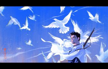 1boy animal bird blue_shirt blue_sky capelet cheseely collared_shirt commentary english_commentary facial_hair facial_scar floating_cape floating_hair goatee golden_kamuy gun gun_on_back highres letterboxed male_focus ogata_hyakunosuke rifle scar scar_on_cheek scar_on_face shirt short_hair short_sideburns sideburns sky solo upper_body weapon weapon_on_back white_bird white_capelet