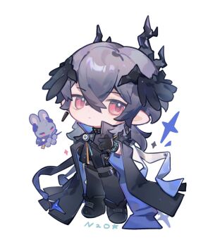 1boy arknights artist_name belt black_coat black_jacket black_pants chibi choshanland_plushy_(arknights) coat coat_on_shoulders commentary english_commentary frown grey_hair head_wings highres horns infection_monitor_(arknights) jacket logos_(arknights) looking_at_viewer male_focus nitrogen_owo pants pointy_ears red_eyes short_hair simple_background solo sparkle white_background wings