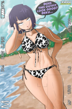 1girl abs animal_print beach belly bikini blush boku_no_hero_academia camera choker cow_print cow_print_bikini daimus_raw jiro_kyoka looking_at_viewer navel outdoors pov print_bikini short_hair swimsuit viewfinder water wet