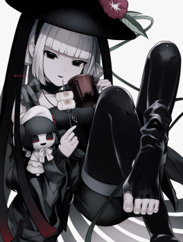 1girl bare_shoulders black_dress black_eyes blunt_bangs breasts character_doll cup doll dress fate/grand_order fate_(series) feet food ghost_hands grey_hair hat highres jingasa komahime_(exhibition_attire)_(fate) komahime_(fate) lantern long_sleeves looking_at_viewer low_twintails marshmallow sen_no_rikyu_(exhibition_attire)_(fate) sen_no_rikyu_(fate) short_hair short_twintails small_breasts smile solo sumi_(gfgf_045) twintails white_hair wide_sleeves