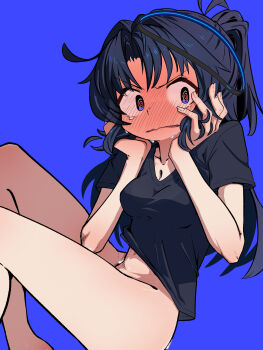 1girl @_@ absurdres black_hair black_halo black_shirt blue_archive blue_background blue_eyes blush bottomless breasts commentary halo hexaa highres legs long_hair medium_breasts no_pants ponytail shirt simple_background solo sweat turning_head twisted_torso v-shaped_eyebrows yuuka_(blue_archive) yuuka_(track)_(blue_archive)