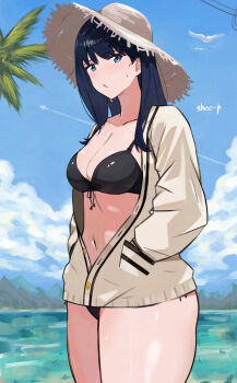 1girl absurdres aircraft airplane bikini bird black_bikini black_hair blue_eyes blue_sky blush breasts cardigan cleavage cloud collarbone contrail curvy day gridman_universe hands_in_pockets highres long_hair long_sleeves looking_at_viewer medium_breasts navel outdoors seagull shee-p_(inemurisheep113) sidelocks sky solo ssss.gridman standing swimsuit takarada_rikka thick_thighs thighs white_cardigan