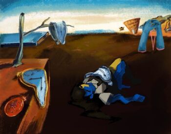 Rule 34 | 1girl, black hair, black skirt, blue skin, blue sky, blunt bangs, clock, closed eyes, collared shirt, colored skin, cubism, distortion, ena (ena), ena (series), ena (web series), fine art parody, gradient sky, grey shirt, horizon, ikitakawa, landscape, long hair, low poly, lying, melting, melting clock, multicolored skin, ocean, on back, painterly, parody, sad ena, salvador dali (style), shirt, short sleeves, skirt, sky, solo, split-color skin, surreal, suspender skirt, suspenders, the persistence of memory, tree, two-tone skin, wide shot, yellow skin, yellow sky