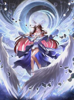 1girl absurdres angel_wings bare_legs bare_shoulders black_hair chester_shinoda closed_eyes closed_mouth collarbone colored_inner_hair columbina_(genshin_impact) commentary_request dress feathered_wings full_moon genshin_impact hair_ribbon highres long_hair long_sidelocks moon moon_phases multicolored_hair multiple_wings oversized_wings pink_hair ribbon sidelocks smile solo very_long_hair white_dress white_ribbon white_wings wings