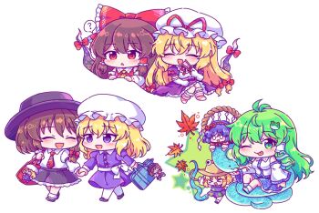 &gt;_&lt; 0_0 6+girls :d :o ;p ? antenna_hair autumn_leaves bag bare_shoulders black_footwear black_hat black_skirt blonde_hair blue_bag blue_footwear blush bow brown_hair brown_hat buttons chibi chibi_only closed_eyes closed_mouth collared_shirt commentary_request detached_sleeves dress elbow_gloves frilled_bow frilled_hair_tubes frilled_skirt frills frog_hair_ornament full_body gloves green_eyes green_hair hair_bow hair_ornament hair_ribbon hair_tubes hakurei_reimu hand_fan hat hat_ribbon highres holding holding_bag holding_fan holding_hands holding_jewelry holding_ring jewelry juliet_sleeves kaoling kochiya_sanae korean_commentary leaf long_hair long_sleeves maribel_hearn mob_cap moriya&#039;s_iron_rings moriya_suwako multiple_girls necktie one_eye_closed open_mouth outstretched_arms pantyhose pink_shoes puffy_short_sleeves puffy_sleeves purple_dress purple_eyes purple_skirt purple_vest red_bag red_bow red_eyes red_necktie red_ribbon red_shirt ribbon ribbon-trimmed_sleeves ribbon_trim ring rope shirt shoes short_hair short_sleeves shoulder_bag sidelocks simple_background single_hair_tube single_sidelock sitting skirt skirt_set sleeveless sleeveless_shirt smile snake_hair_ornament socks spoken_question_mark spread_arms star_(symbol) tongue tongue_out touhou usami_renko v-shaped_eyebrows vest waist_bow walking white_background white_bow white_gloves white_hat white_pantyhose white_shirt white_sleeves white_socks wide_sleeves xd yakumo_yukari yasaka_kanako