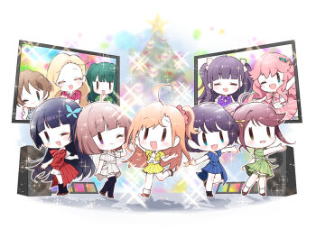 6+girls :d ;) ;d ^_^ ahoge azabu_mai blonde_hair blue_eyes blue_jacket blue_skirt blunt_bangs bob_cut bow bowtie brown_hair chibi chibi_only chofu_noriko christmas_tree closed_eyes collared_shirt commentary dress goto_akira green_eyes green_hair green_jacket grey_jacket grey_skirt hair_ornament hair_scrunchie harumiya_yukuri ikizulive!_love_live!_bluebird jacket kanazawa_miracle kiyose_akame komagata_hanabi konohana_aurora long_hair love_live! miniskirt multiple_girls official_alternate_costume official_art one_eye_closed one_side_up open_clothes open_jacket open_mouth orange_hair outstretched_arms own_hands_clasped own_hands_together pinafore_dress pink_bow pink_bowtie pink_hair pink_jacket pink_scrunchie pink_skirt pinstripe_bowtie pinstripe_dress pinstripe_jacket pinstripe_pattern pinstripe_skirt pleated_skirt ponytail purple_bow purple_bowtie purple_dress purple_eyes purple_hair red_dress sasaki_shion scrunchie shirt short-sleeved_jacket short_hair short_sleeves skirt sleeveless sleeveless_dress smile sparkle speaker spread_arms star_(symbol) star_hair_ornament takahashi_polka television two_side_up what_is_my_life?_(love_live!) white_shirt yamada_midori yellow_jacket yellow_skirt |_|