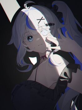 1girl \||/ absurdres ahoge aokumo_rin armpits black_scrunchie black_shirt chromatic_aberration closed_mouth crack_of_light frilled_straps from_side grey_hair hair_ornament hair_scrunchie hand_up hashtag-only_commentary heart heart_hair_ornament highres indoors k_cyp long_hair looking_to_the_side multicolored_hair scrunchie shadow shirt side_ponytail sleeveless sleeveless_shirt solo stellive strap_slip streaked_hair turning_head upper_body virtual_youtuber x_hair_ornament