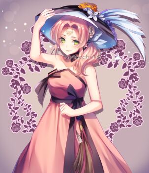 Rule 34 | 1girl, adjusting clothes, adjusting headwear, arm up, artist name, bare arms, bare shoulders, belt, belt bow, black belt, black trim, blue bow, blue flower, blue hat, blush, bow, breasts, closed mouth, collarbone, commentary, commission, cowboy shot, curtained hair, dress, dress bow, drop shadow, english commentary, eyes visible through hair, facial mark, floral background, flower, forehead mark, green eyes, grey background, hair bow, hair flower, hair ornament, hair over shoulder, hat, hat feather, hat flower, highres, light particles, lips, looking at viewer, low ponytail, medium hair, orange flower, original, pink dress, pink hair, ponytail, purple flower, rose, sasucchi95, simple background, small breasts, smile, solo, standing, strapless, strapless dress, vignetting, white flower, white rose