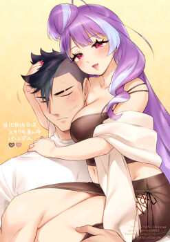 1boy 1girl between_breasts blue_hair blush breasts brown_skirt bustier closed_eyes collarbone eyebrow_cut hair_bun head_between_breasts heart hetero highres hug large_breasts lifting_person macross macross_delta messer_ihlefeld midriff mikumo_guynemer mohawk multicolored_hair navel purple_hair red_eyes sasanoneko scarf shirt skirt smile streaked_hair white_scarf white_shirt yellow_background