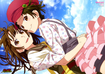 2girls :d absurdres arms_around_waist bag belt blue_sky blush breasts brown_eyes brown_sailor_collar brown_serafuku brown_trim closed_mouth cloud copyright_name cumulonimbus_cloud dark_skin dual_persona dutch_angle face-to-face floral_print frilled_skirt frills from_side grey_romper hat heads_together highres holding holding_bag hug light_blush long_sleeves looking_at_viewer looking_to_the_side magazine_(object) magazine_scan messenger_bag messy_hair monogatari_(series) multiple_girls nademonogatari nagata_hiroto nanahyakuichi_middle_school_uniform neckerchief newsboy_cap newtype open_mouth overalls parted_lips pink_skirt raised_eyebrows red_belt red_hat red_neckerchief romper sailor_collar scan school_uniform sengoku_nadeko serafuku shirt short_sleeves shorts shoulder_bag skirt sky small_breasts smile strap summer_uniform suspender_skirt suspenders white_shirt wind wispy_bangs yellow_bag