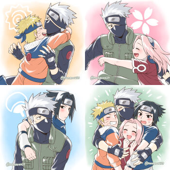 Rule 34 | 1girl, 3boys, absurdres, arm around neck, arms around neck, black eyes, black hair, black headband, blonde hair, blue hairband, blue headband, commentary request, facial mark, fingerless gloves, flak jacket, forehead protector, gloves, grey hair, grin, hairband, haruno sakura, hatake kakashi, headband, highres, hug, jacket, mask, mono land, mouth mask, multiple boys, naruto (classic), naruto (series), one eye covered, open mouth, pink hair, smile, sweatdrop, team 7 (naruto), twitter username, uchiha sasuke, uchiha symbol, uzumaki naruto, whisker markings