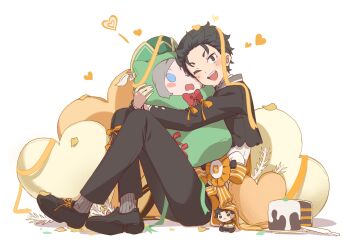 0kara96 1boy ;d black_hair black_jacket black_pants blue_eyes blush bow cake character_doll commentary confetti doll food fork grey_hair hair_slicked_back heart highres hug hugging_doll hugging_object jacket long_sleeves looking_at_viewer male_focus natsuki_subaru one_eye_closed open_mouth otto_suewen pants pillow re:zero_kara_hajimeru_isekai_seikatsu ribbon shoes short_hair sitting smile socks solo stuffed_toy symbol-only_commentary teeth upper_teeth_only white_background