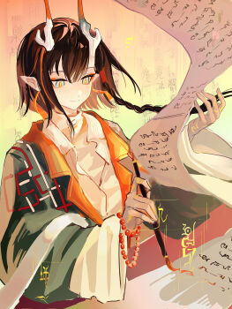 Rule 34 | 1girl, absurdres, arknights, beads, black hair, blue eyes, calligraphy brush, cc guiya, closed mouth, commentary, eyeliner, haori, highres, holding, holding calligraphy brush, holding paintbrush, horns, japanese clothes, jie (arknights), long sleeves, makeup, multicolored hair, open clothes, orange eyeliner, orange hair, paintbrush, scroll, shirt, short hair with long locks, smile, solo, split mouth, streaked hair, upper body, white shirt, wide sleeves, writing