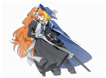 2girls apron back_bow belt black_belt black_dress black_jacket black_pants black_ribbon blonde_hair blue_hat blue_necktie blush bow brown_hairband cavalier_hat cinq_association_south_uniform closed_eyes clothes_grab collared_dress collared_shirt cropped_legs dated don_quixote_(project_moon) dress freckles frilled_hairband frills gloves hairband hashtag-only_commentary hat highres holding_hands ishmael_(project_moon) jacket juliet_sleeves kiss limbus_company long_hair long_sleeves maid multiple_girls neck_ribbon necktie necktie_grab neckwear_grab orange_hair pants plume project_moon puffy_sleeves rapier ribbon shirt short_hair simple_background sword uzr_akira very_long_hair weapon white_apron white_background white_bow white_gloves wuthering_heights_(identity)_(project_moon) yuri