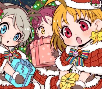 3girls ahoge antlers blue_eyes blush bow box brown_hair christmas christmas_lights christmas_ornaments christmas_present commentary_request earrings flower fur_trim gift gift_box gloves grey_hair hair_bow hair_ornament hairband hat holding holding_gift horns jewelry love_live! love_live!_sunshine!! multiple_girls official_alternate_costume open_mouth orange_hair plaid_clothes red_eyes red_hair reindeer_antlers ribbon sakurauchi_riko santa_costume santa_hat shinanoya_(satanicad) snow takami_chika watanabe_you yellow_eyes