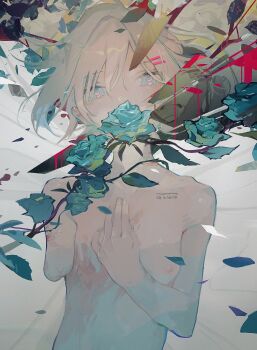 1girl aamond absurdres amputee blood bloody_knife blue_eyes blue_flower blue_rose breasts bright_pupils broken broken_weapon commentary covered_mouth crying crying_with_eyes_open english_commentary fingernails floating_hair flower grey_background hair_ornament hairclip hand_on_own_chest heart heart-shaped_pupils highres knife nipples original rose shards short_hair small_breasts solo streaming_tears symbol-shaped_pupils tears thorns topless_female upper_body weapon white_hair white_pupils