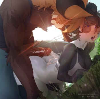 2boys :o absurdres after_anal aftersex all_fours animal_ears artist_name black_hair black_shirt clenched_teeth commentary commission cum cum_on_back cum_on_body doggystyle english_commentary grey_pants highres male_focus multicolored_hair multiple_boys nature original outdoors panda_boy panda_ears pants penis pita-potato purple_eyes red_panda_boy red_panda_ears red_panda_tail sex_from_behind shirt sun sunglasses sweat teeth tongue two-tone_hair upper_teeth_only white_hair yaoi