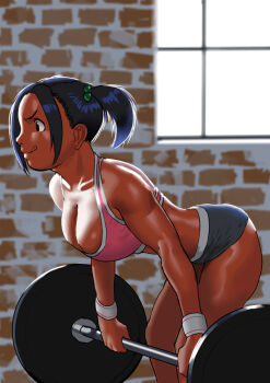 1girl :q arung_samudra_(cessa) barbell bent_over black_hair breasts cessa cleavage commentary dark_skin dark-skinned_female english_commentary exercising forehead gym gym_shorts hair_bobbles hair_ornament indoors large_breasts ombok_diving_and_delivery_services pink_sports_bra short_shorts short_twintails shorts solo sports_bra tongue tongue_out twintails very_dark_skin wristband