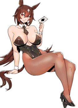1girl ace_(playing_card) ace_of_spades alternate_costume animal_ears arm_support bare_shoulders black_leotard black_necktie black_pantyhose black_shoes breasts brown_hair card cleavage collarbone commentary_request covered_navel detached_collar full_body hair_between_eyes high_heels highleg highleg_leotard highres horse_ears horse_girl horse_tail large_breasts leotard long_hair minew multicolored_hair necktie nontraditional_playboy_bunny pantyhose pantyhose_under_leotard playing_card red_eyes shoes short_necktie simple_background sirius_symboli_(umamusume) solo spade_(shape) strapless strapless_leotard streaked_hair tail umamusume very_long_hair white_background white_hair wrist_cuffs