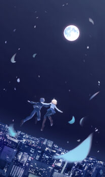 1boy 1girl ahoge arcueid_brunestud arms_at_sides black_hair black_pantyhose blonde_hair boots brown_boots brown_shoes building city falling_petals floating floating_clothes full_moon hand_on_another's_shoulder highres jumping miniskirt moon night pantyhose petals scene_reference school_uniform shoes short_hair skirt souya_high_school_uniform sweater thedaw0 tohno_shiki tsukihime tsukihime_(remake) turtleneck turtleneck_sweater white_sweater