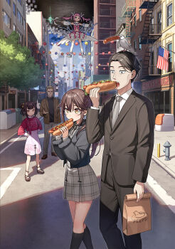 2boys 2girls bag bird black_hair black_pants black_shirt black_shoes black_socks black_suit blonde_hair blush bread breasts brown_eyes brown_hair brown_jacket brown_shoes building china_dress chinese_clothes closed_mouth cloud collared_shirt colonel_mason_(sasaki_to_p-chan) cowboy_shot detached_sleeves double_bun dress dress_shoes eating flag flats food formal_clothes full_body green_eyes grey_jacket grey_necktie grey_pants grey_ribbon hair_between_eyes hair_bun hair_ornament hair_ribbon hair_slicked_back hand_up hands_on_own_hips highres holding holding_bag holding_food holding_rod hot_dog inrin_(sasaki_to_p-chan) jacket java_sparrow kantoku ketchup long_hair long_sleeves looking_at_viewer magical_girl magical_pink_(sasaki_to_p-chan) medium_hair multiple_boys multiple_girls mustard necktie open_hand open_mouth otonari-san_(sasaki_to_p-chan) outdoors p-chan_(sasaki_to_p-chan) pants paper_bag parted_bangs pink_dress pink_hair plaid_clothes plaid_dress ponytail rabbit_hair_ornament ribbon rod sasaki_(sasaki_to_p-chan) sasaki_to_p-chan sausage shirt shoes short_hair sidelocks skirt sky small_breasts smile socks standing suit suit_jacket teeth thighhighs town trash_can twintails two-handed white_thighhighs yellow_eyes yellow_ribbon