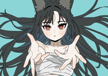 1girl animal_ears bandages bare_shoulders black_hair blue_background breasts chest_sarashi clipse commentary fox_ears hoshimi_miyabi long_hair looking_at_viewer reaching reaching_towards_viewer red_eyes sarashi small_breasts solo upper_body very_long_hair zenless_zone_zero