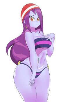 Rule 34 | 1girl, bandana, bare shoulders, bikini, breasts, collarbone, colored skin, geo-tempest, large breasts, navel, o-ring, o-ring bikini, official alternate costume, purple bikini, purple hair, purple skin, red eyes, risky boots, shantae: half-genie hero, shantae (series), simple background, solo, string bikini, swimsuit, white background