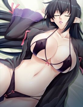 1girl annerose_vajra arms_up bed black_bra black_hair black_panties bra breasts cleavage closed_eyes covered_erect_nipples curvy elf female_focus huge_breasts kagami_hirotaka koutetsu_no_majo_annerose koutetsu_no_majo_anneroze lilith-soft lingerie lipstick long_hair lying makeup navel on_back panties pointy_ears sleeping solo thong underwear