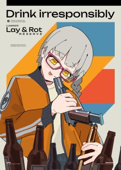 Rule 34 | 1girl, abstract background, absurdres, alcohol, beer, beer bottle, braid, closed mouth, commentary, english commentary, english text, grey hair, gun, handgun, highres, holding, holding gun, holding weapon, jacket, long hair, m1911, open clothes, open jacket, orange jacket, original, polilla, polivia, red-framed eyewear, solo, tongue, tongue out, weapon, yellow eyes
