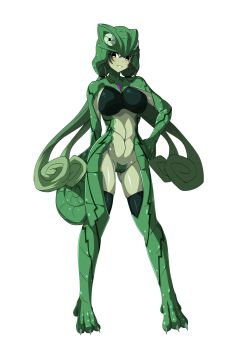 1girl absurdres aoi_tabane black_eyes breasts chameleon_girl chameleon_tail claws colored_skin commission crotch_plate full_body green_hair green_skin green_thighhighs hand_on_own_hip highres katsuragi_shiori kouyoku_senki_exs-tia large_breasts long_hair looking_at_viewer low_twintails maebari monster_girl monsterification navel personification pixiv_commission purple_eyes scales simple_background smile solo tail thighhighs transparent_background twintails very_long_hair