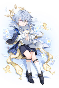 1boy alternate_costume blue_fur blue_hair cat commentary earrings flower halo halo_behind_head head_wings highres honkai:_star_rail honkai_(series) jewelry lying medium_hair shirt shoes shorts socks sunday_(honkai:_star_rail) tail twitter_username usagishi white_flower wings yellow_eyes
