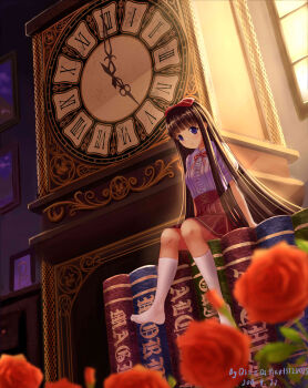 1girl absurdres backlighting blue_eyes blunt_bangs blurry book bow brown_hair center_frills clock collared_shirt commentary_request dated depth_of_field drawer female_focus flower frills from_below full_body grandfather_clock hair_bow high-waist_skirt highres hime_cut indoors kneehighs light_rays long_hair looking_at_viewer mini_person minigirl neck_ribbon no_shoes original painting_(object) parted_lips pixiv_id pleated_skirt puffy_short_sleeves puffy_sleeves qi==qi red_bow red_flower red_ribbon red_rose red_skirt ribbon roman_numeral rose shirt shirt_tucked_in short_sleeves signature sitting skirt socks solo striped_ribbon sunlight tareme time very_long_hair white_shirt white_socks window