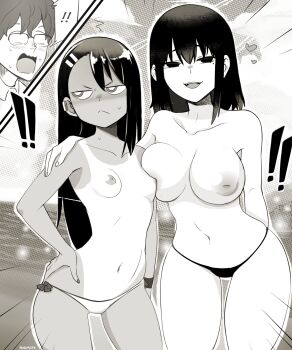 ! !! 1boy 2girls annoyed asymmetrical_docking bare_arms bare_shoulders big_sis-toro bikini black_hair breast_press breasts collarbone greyscale hair_between_eyes hand_on_own_hip highres ijiranaide_nagatoro-san large_breasts long_hair micro_bikini mole mole_under_eye monochrome multiple_girls nagatoro_hayase nagatoro_misaki nipples nonamoth one-piece_tan open_mouth outdoors siblings sisters skindentation small_breasts smile standing string_bikini swimsuit symmetrical_docking tan tanline topless_female v-shaped_eyebrows
