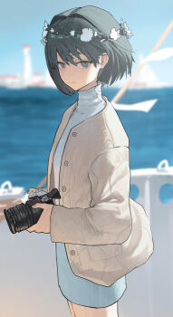 1girl absurdres blurry blurry_background brown_jacket brown_nails camera closed_mouth commentary cowboy_shot expressionless fingernails grey_eyes grey_hair grus_(vrchat) hair_ornament highres holding holding_camera jacket jin_yu0810 long_sleeves looking_at_viewer making-of_available nail_polish open_clothes open_jacket outdoors short_hair solo standing vrchat