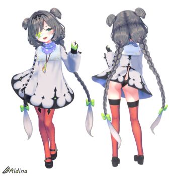 1girl :d aldina_(vrchat) ass black_gloves black_hair black_panties black_shoes blush bow braid character_name reference_sheet dress eyepatch fingerless_gloves flat_ass from_behind full_body gloves green_bow green_eyes green_gloves grey_dress grey_hair hair_bow hair_ornament hair_ribbon hairband headband jewelry long_hair long_sleeves looking_at_viewer mary_janes multicolored_hair multiple_views necklace one_eye_covered open_mouth orange_thighhighs panties partially_fingerless_gloves pendant purple_scarf red_thighhighs ribbon scarf shoes simple_background smile standing teeth thighhighs thighs turnaround twin_braids twintails two_side_up underwear unity_(medium) very_long_hair vrchat white_background white_dress yorshkasencho