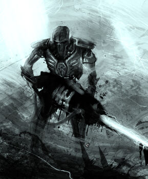 1boy alien armor battle full_armor gavade helmet holding holding_weapon male_focus monochrome necron photoshop_(medium) power_armor power_suit realistic science_fiction soldier solo warhammer_40k weapon