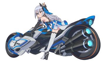 1girl bad_id bad_pixiv_id black_gloves bronya_zaychik bronya_zaychik_(herrscher_of_reason) elbow_gloves full_body gloves grey_eyes grey_hair hair_ornament highres honkai_(series) honkai_impact_3rd kneepits long_hair matsushita_yuubin motor_vehicle motorcycle project_bunny simple_background solo thighhighs very_long_hair white_background white_gloves white_thighhighs