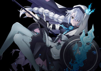 1girl bandages_over_clothes black_background black_dress black_ribbon black_shoes braid chaos_match_girl_(grimms_notes) closed_mouth dress grey_hair grey_pantyhose grimms_notes hair_over_one_eye highres holding holding_shield iumi_urura juliet_sleeves long_hair long_sleeves pantyhose patchwork_clothes puffy_sleeves ribbon shield shoes simple_background solo veil white_veil yellow_eyes