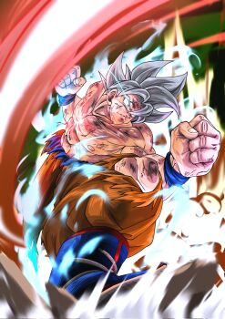 1boy aura blue_boots blue_wrist_cuffs boots clenched_hands dodging dragon_ball dragon_ball_super eye_trail grey_eyes grey_hair highres light_trail medium_hair muscular muscular_male orange_pants pants pocagraffiti solo son_goku spiked_hair topless_male ultra_instinct wrist_cuffs