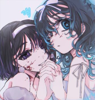 2girls alien_stage black_hair blood blood_from_neck blood_on_face blood_splatter blue_eyes blue_pupils bow commentary dual_persona earrings hair_bow hair_over_one_eye hairband highres hiziri_o0 holding_hands interlocked_fingers jewelry long_hair looking_at_viewer multiple_girls purple_eyes short_hair signature smile star-shaped_pupils star_(symbol) sua_(alien_stage) symbol-only_commentary symbol-shaped_pupils white_bow white_hairband